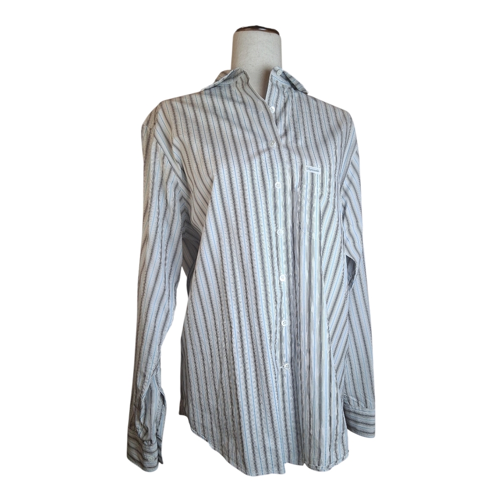 Faconnable Women's Brown Blue Stripe Button-Down Made In USA Cotton Shirt M